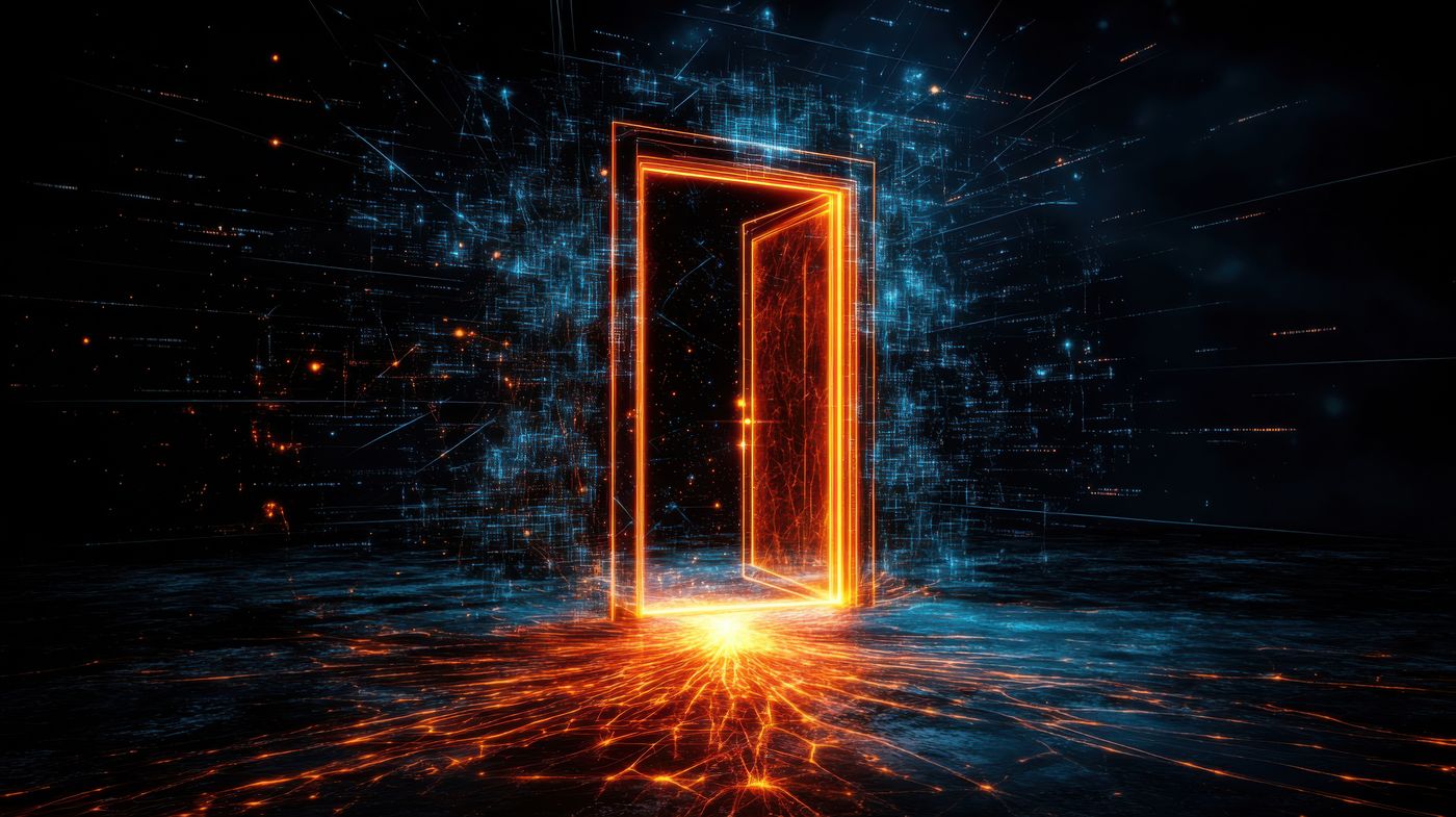 A glowing orange doorway standing in a dark field of blue data