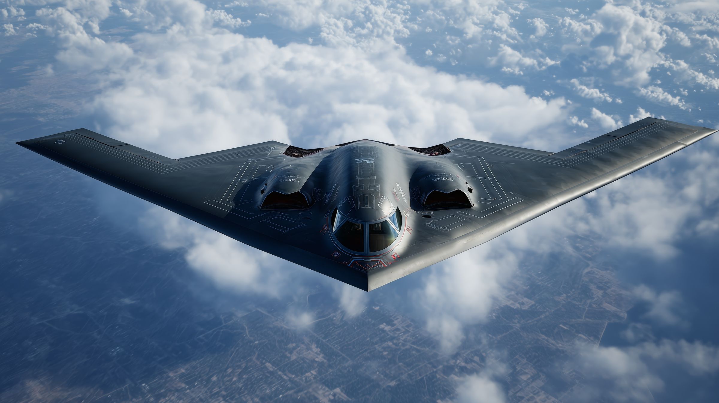 A flying-wing stealth aircraft seen from above, over cloud